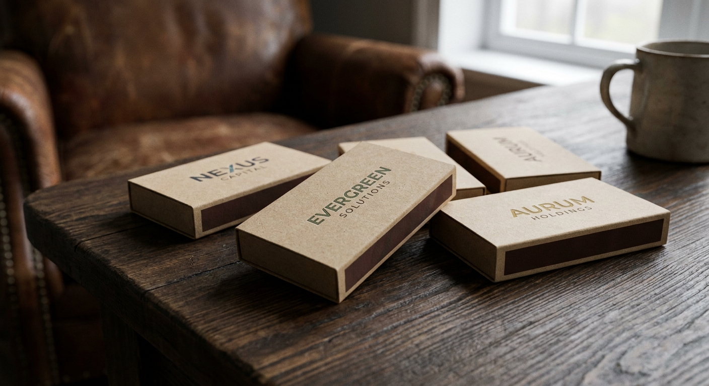 boîtes d'allumettes personnalisées avec logo d'entreprise, posées sur une table en bois