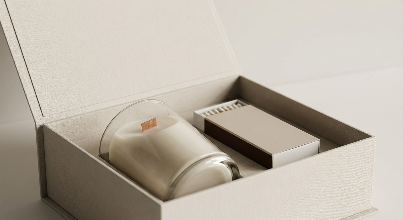 coffret cadeau entreprise avec bougie et boîte d'allumettes personnalisée sur fond clair