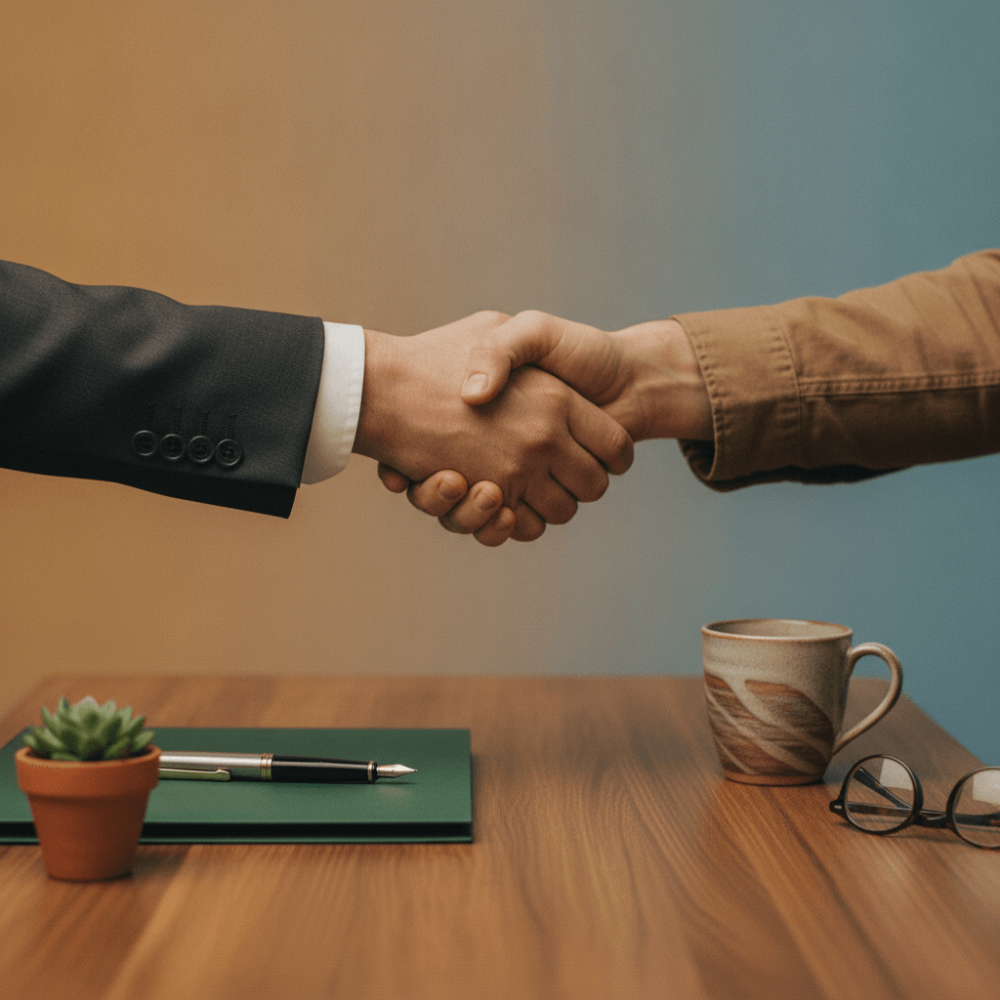 Poignée de main entre un consultant en communication et un artisan lors de la signature d'un accompagnement digital