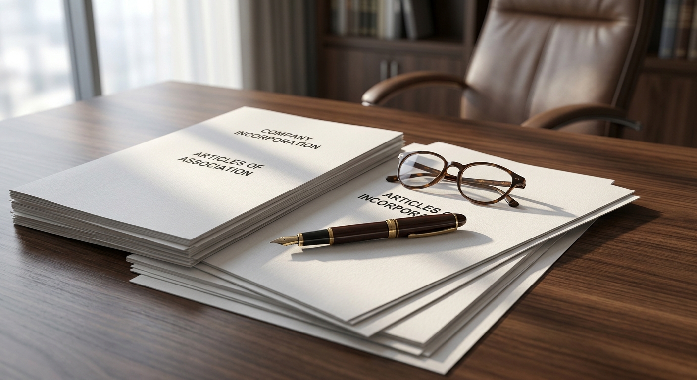 documents juridiques de création de société posés sur un bureau avec un stylo et des lunettes